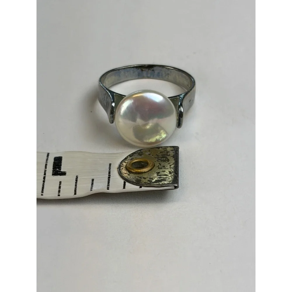 LUC Pearl Ring Sz 8.5 Silver 925 Sterling Iridescent Modernist Solitaire Lucoral